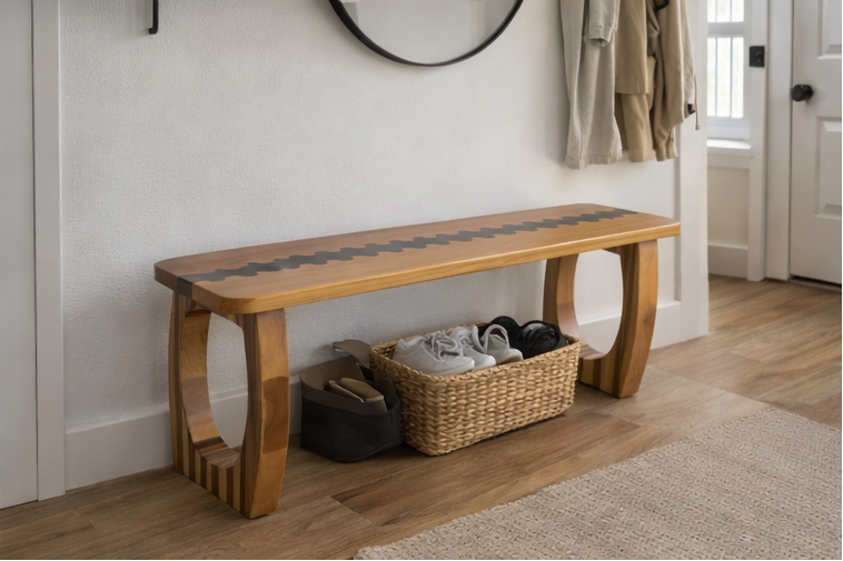 Handmade Cherry Entryway Bench: Solid Walnut Accents, Modern Design
