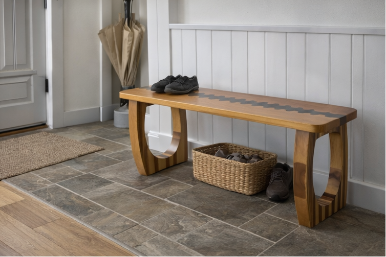 Handmade Cherry Entryway Bench: Solid Walnut Accents, Modern Design