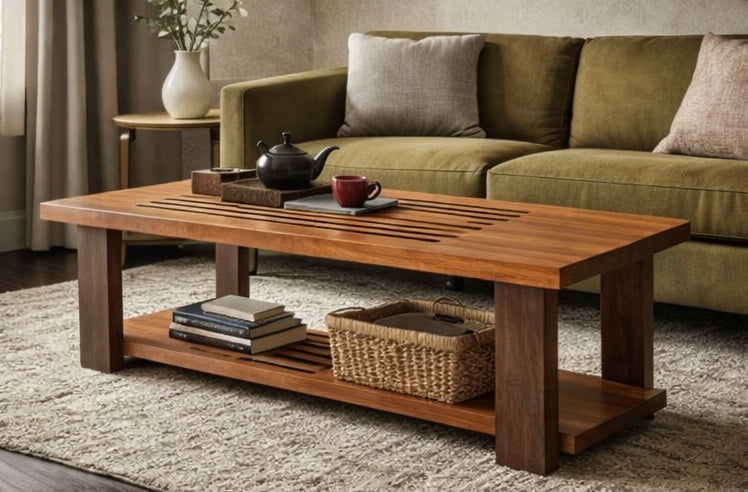 Slatted Cherry Coffee Table with Walnut Legs